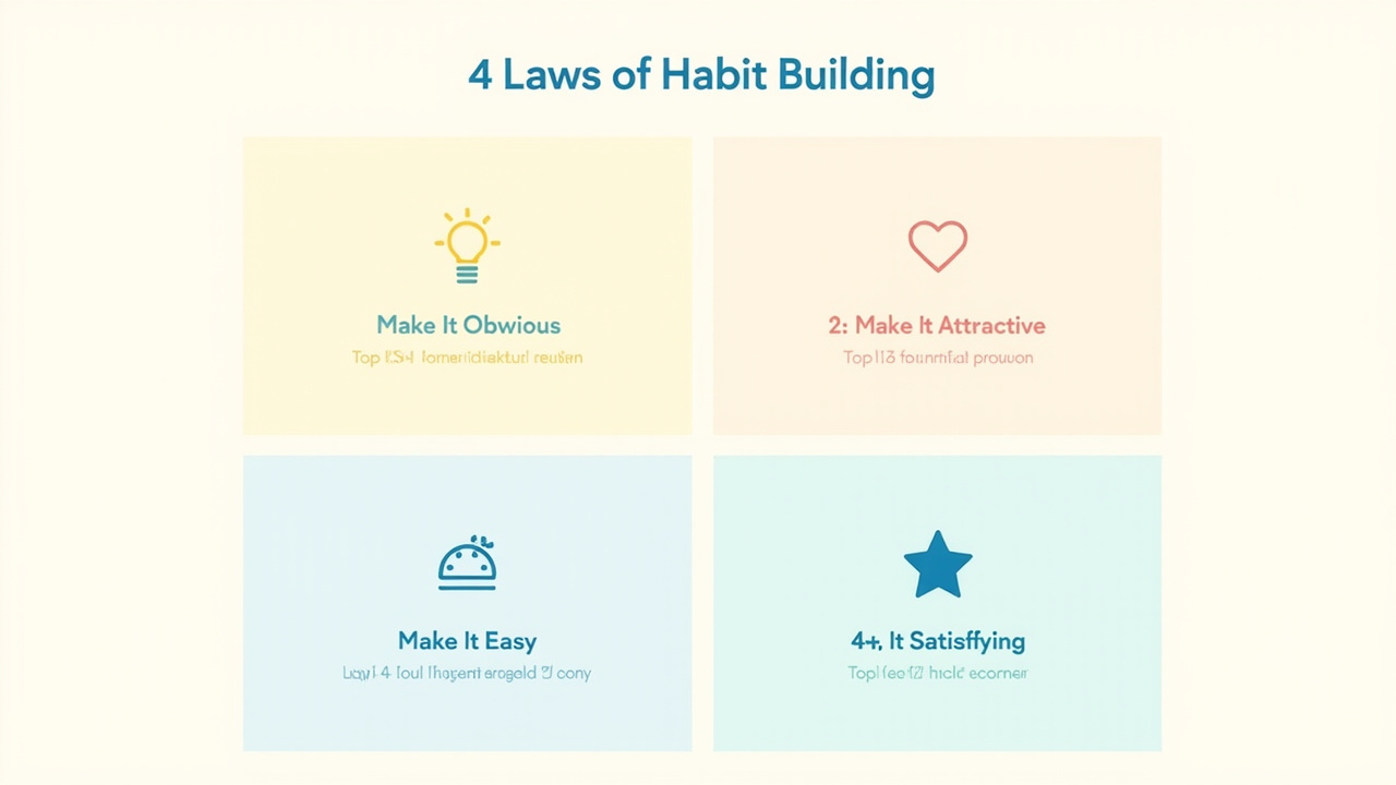 Four laws infographic showing the four pillars of the 1% better method: micro-start, daily consistency, 1% scaling, and compound patience