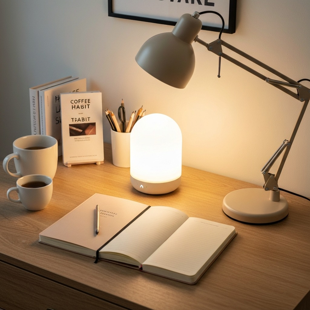 Best morning habits for productivity hero image showing organised morning setup with light notebook exercise gear and healthy breakfast