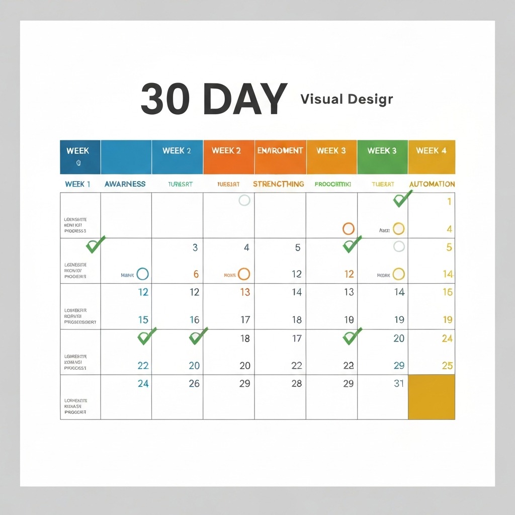 Visual 30-day calendar plan with four colored phases: awareness, replacement, strengthening, and automation