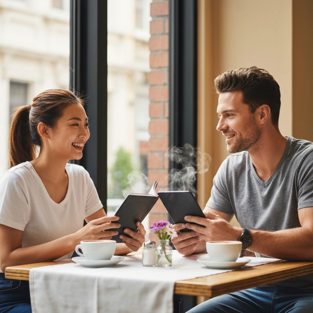Two people checking in on habit-tracking progress via a shared journal and phone app