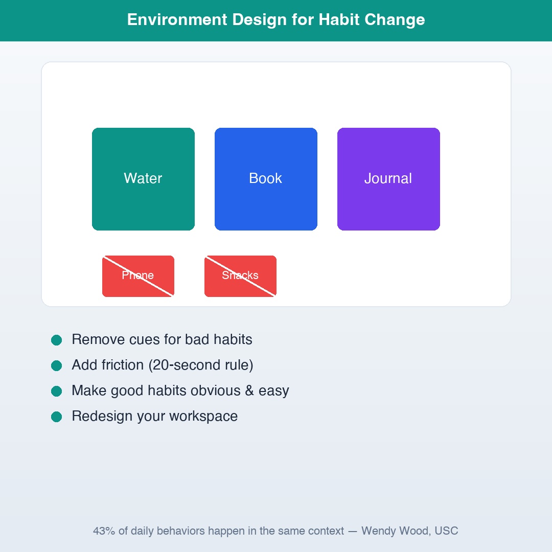 A workspace redesigned for productivity — phone in a drawer, water bottle on desk, book replacing tablet, sticky note with goals
