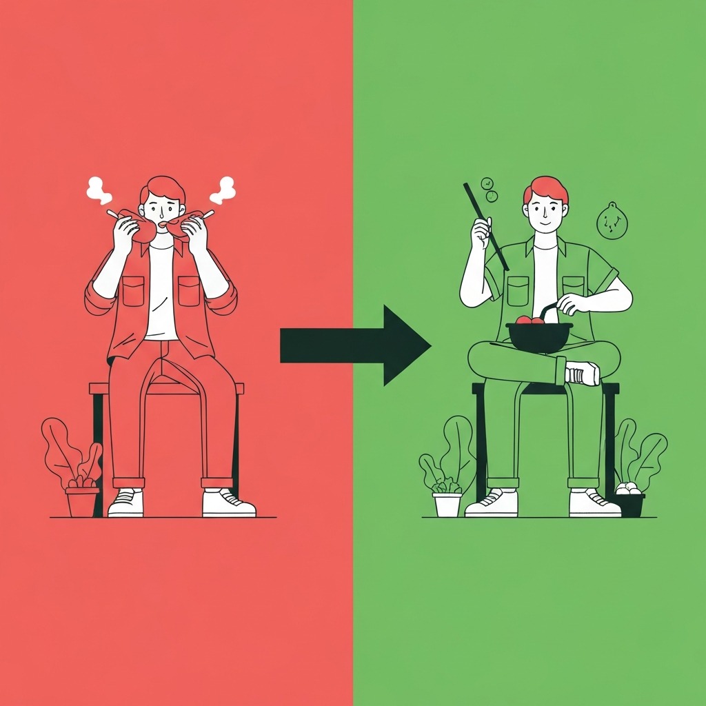 Side-by-side comparison showing old bad habit routine being replaced with a new healthy routine while keeping the same cue and reward