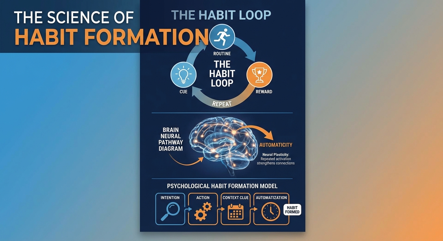 Infographic showing the cue-routine-reward habit loop and brain neural pathways