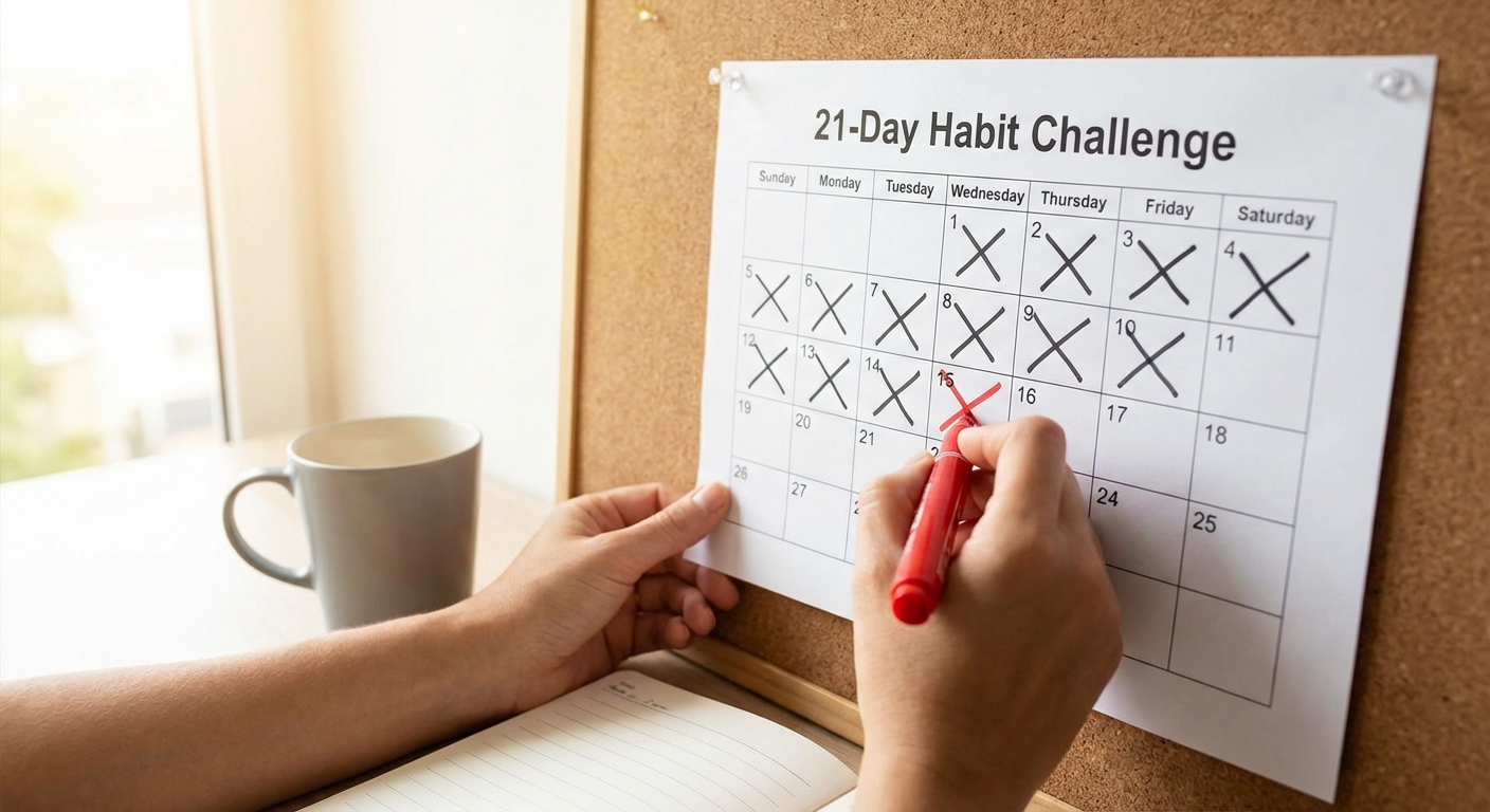 Person crossing off days on a habit tracker calendar, building a 21-day habit chain
