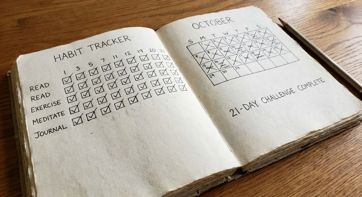 Paper habit tracker journal with checkboxes and calendar filled in for 21 days