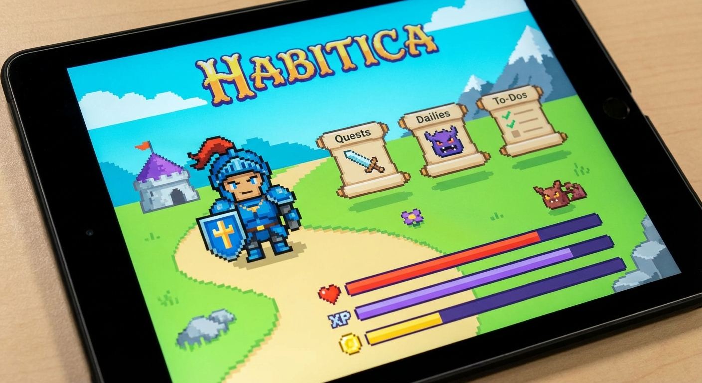 Habitica gamified habit tracker showing character with RPG-style quest interface