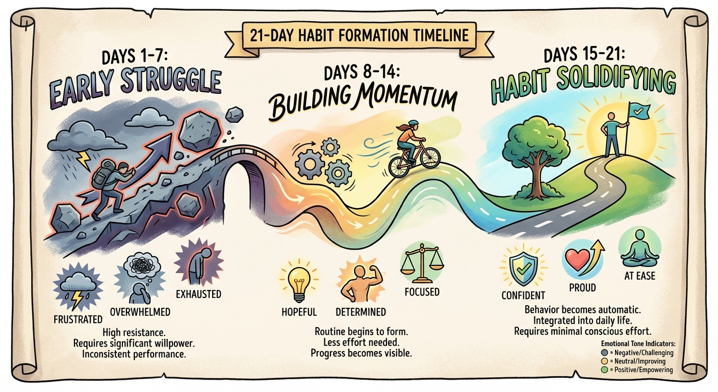 21-day habit formation timeline showing three phases: struggle, momentum, and solidifying