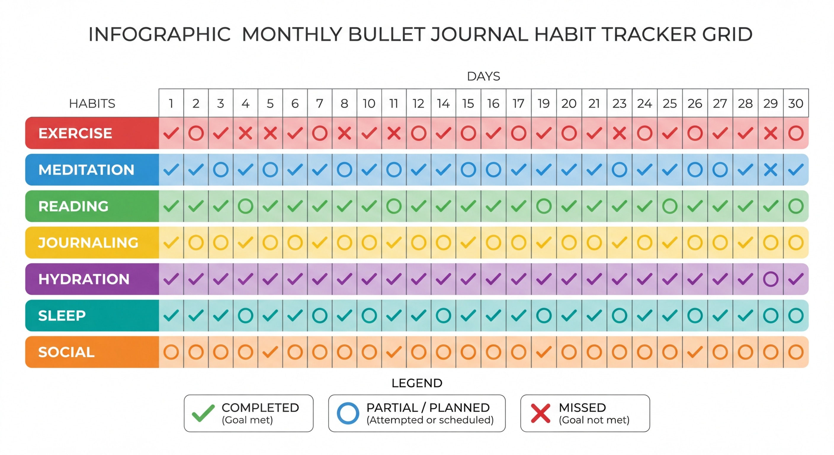 Monthly grid infographic showing 7 habits and 30 days