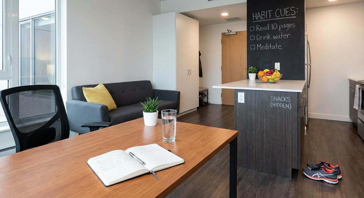 An organized workspace showing visible cues for good habits including a water bottle, journal, and timer prominently placed on a clean desk