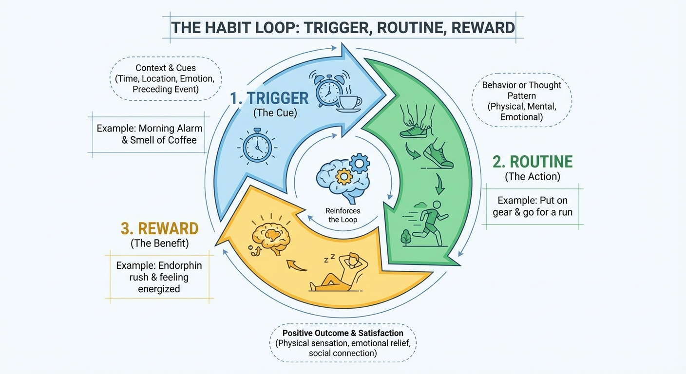 Visual progression chart showing a small habit growing step by step over 8 weeks from two minutes to twenty minutes