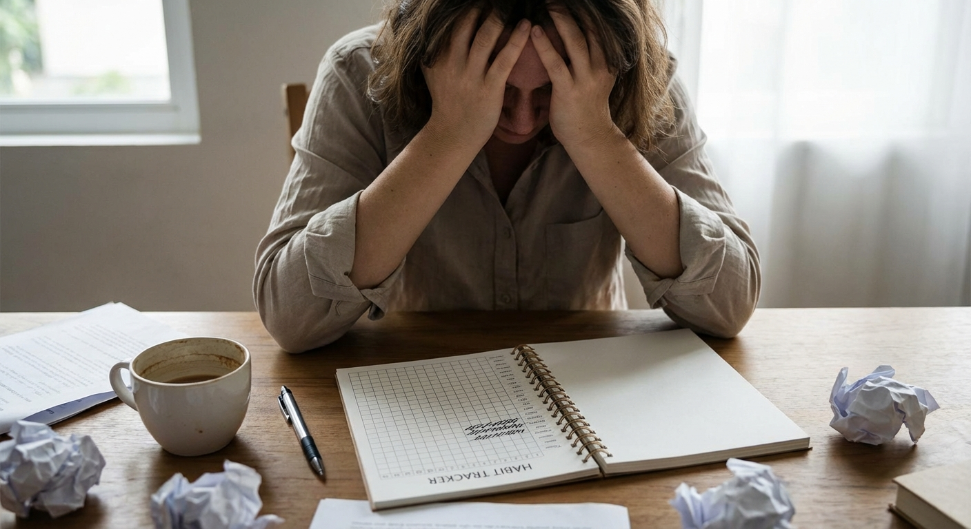 Person at a desk surrounded by crumpled habit trackers and sticky notes representing repeated failed habit attempts