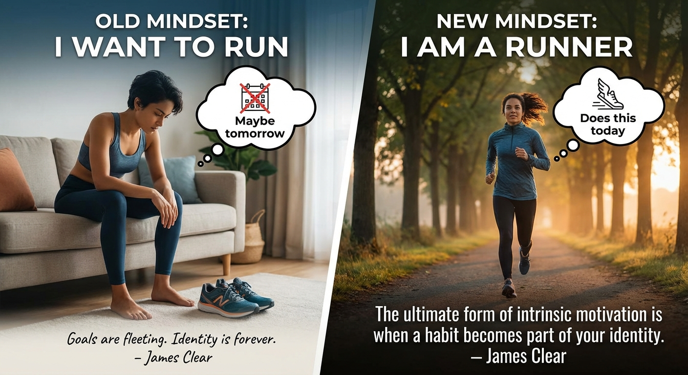 A person writing identity-based habit statements in a journal with the prompt 'I am the type of person who...' visible on the page