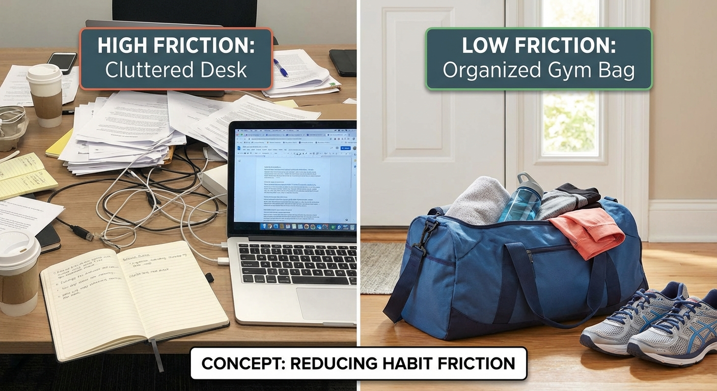 A person laying out running clothes and shoes next to their bed the night before, reducing morning friction for an exercise habit