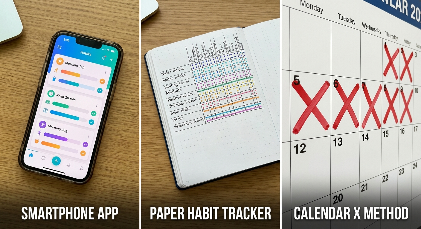 A split-screen comparison showing a digital habit tracker app on a phone next to a physical habit tracking journal with pen marks