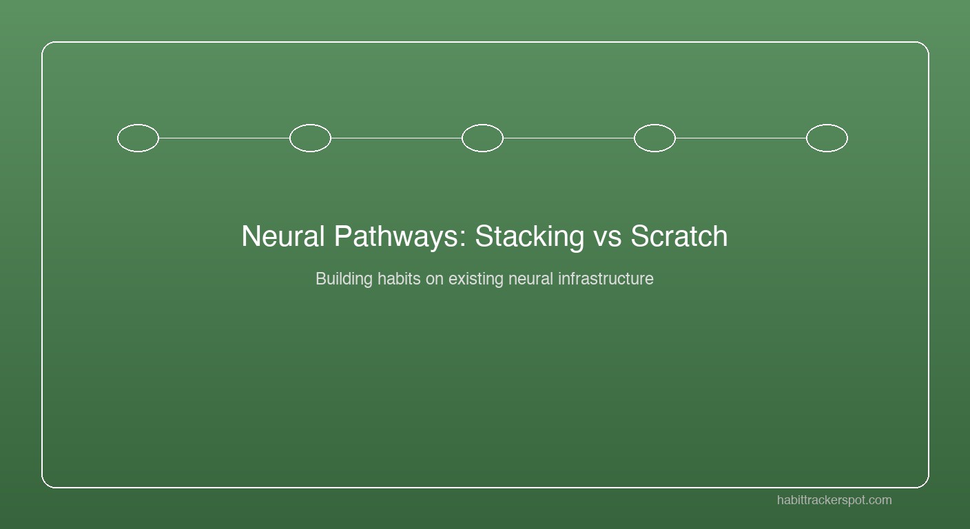 Diagram showing two neural pathway illustrations side by side: one tangled and difficult labeled 'Building a habit from scratch' and one smooth branching path labeled 'Habit stacking off an existing routine'
