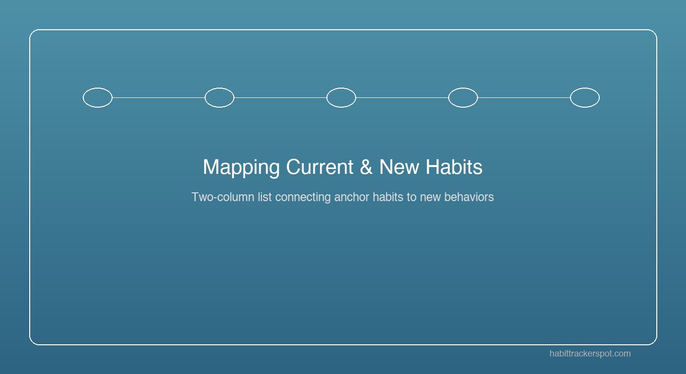 Person sitting at a clean desk with a two-column list: 'Current Habits' on the left and 'New Habits' on the right, with arrows connecting them to show habit stacking pairs
