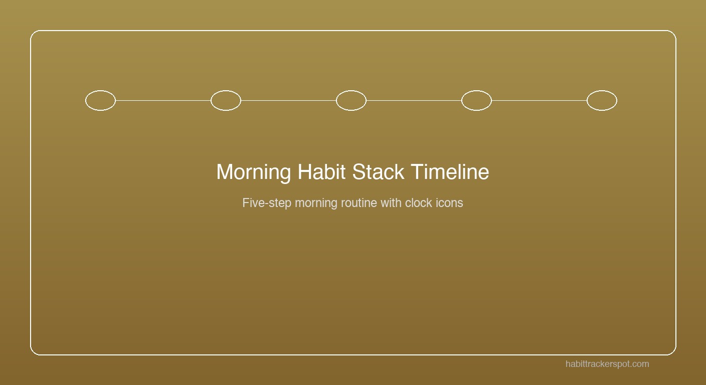 Illustrated morning routine timeline showing five habit stacking steps from coffee to vitamins with clock icons at each stage