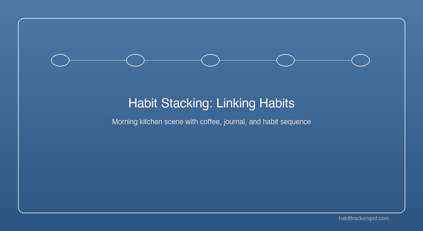 Person performing a morning habit stack in a bright kitchen with coffee, journal, and wellness items arranged in sequence