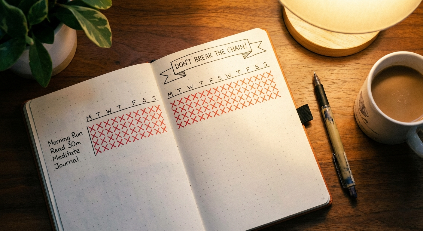 Habit tracking journal with X marks building a chain