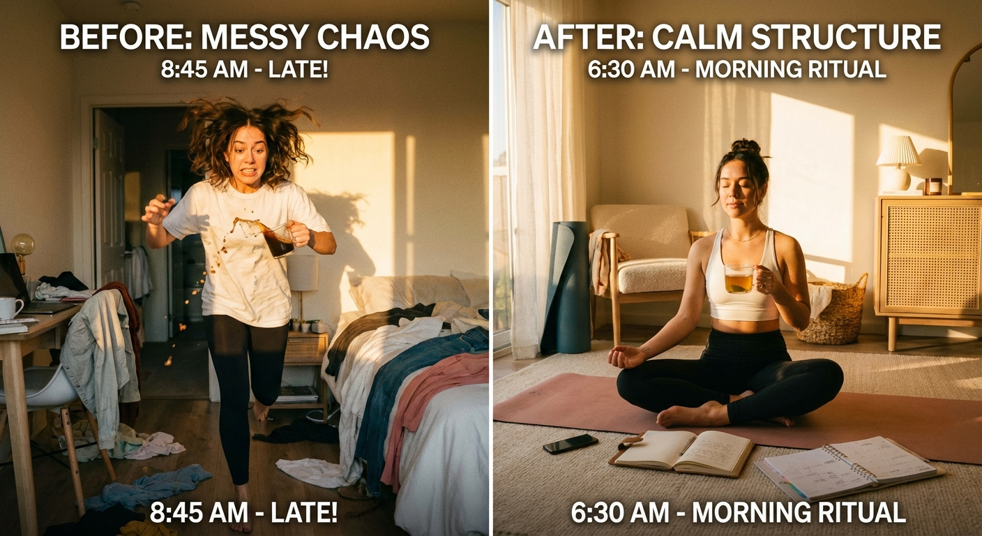 Before and after lifestyle comparison showing structured morning routine